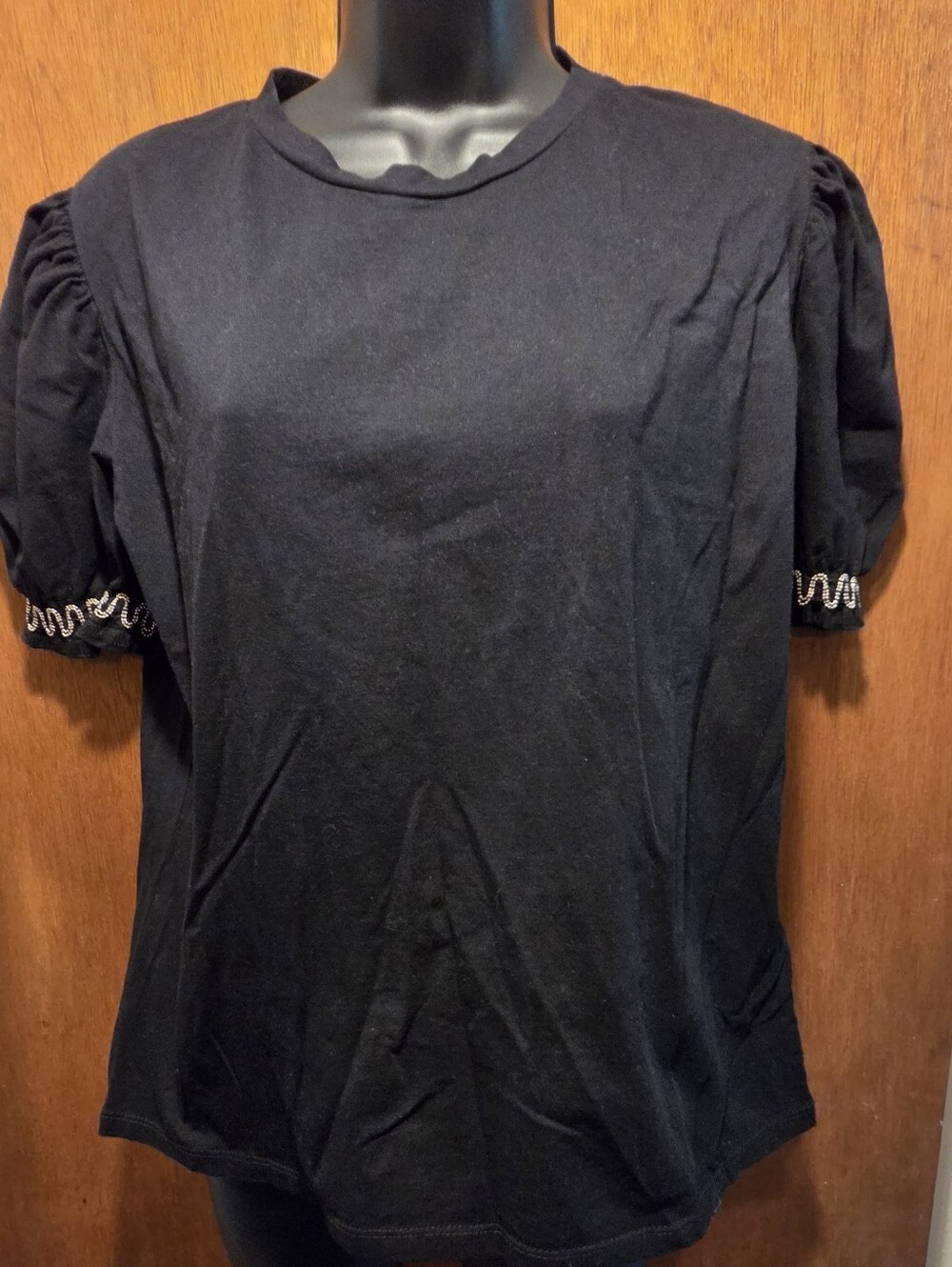 Zara Black Short Sleeve Tee W/Beaded Lace Puff Sleeve Detail NWT SzL
